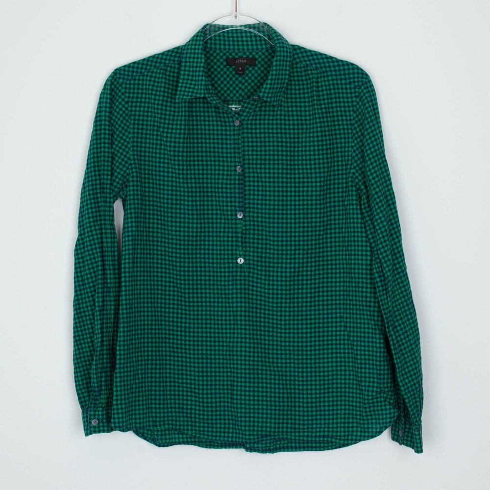 J. Crew Womens Plaid Gingham Button Shirt Size 8 Green Long Sleeve‎ Preppy Work